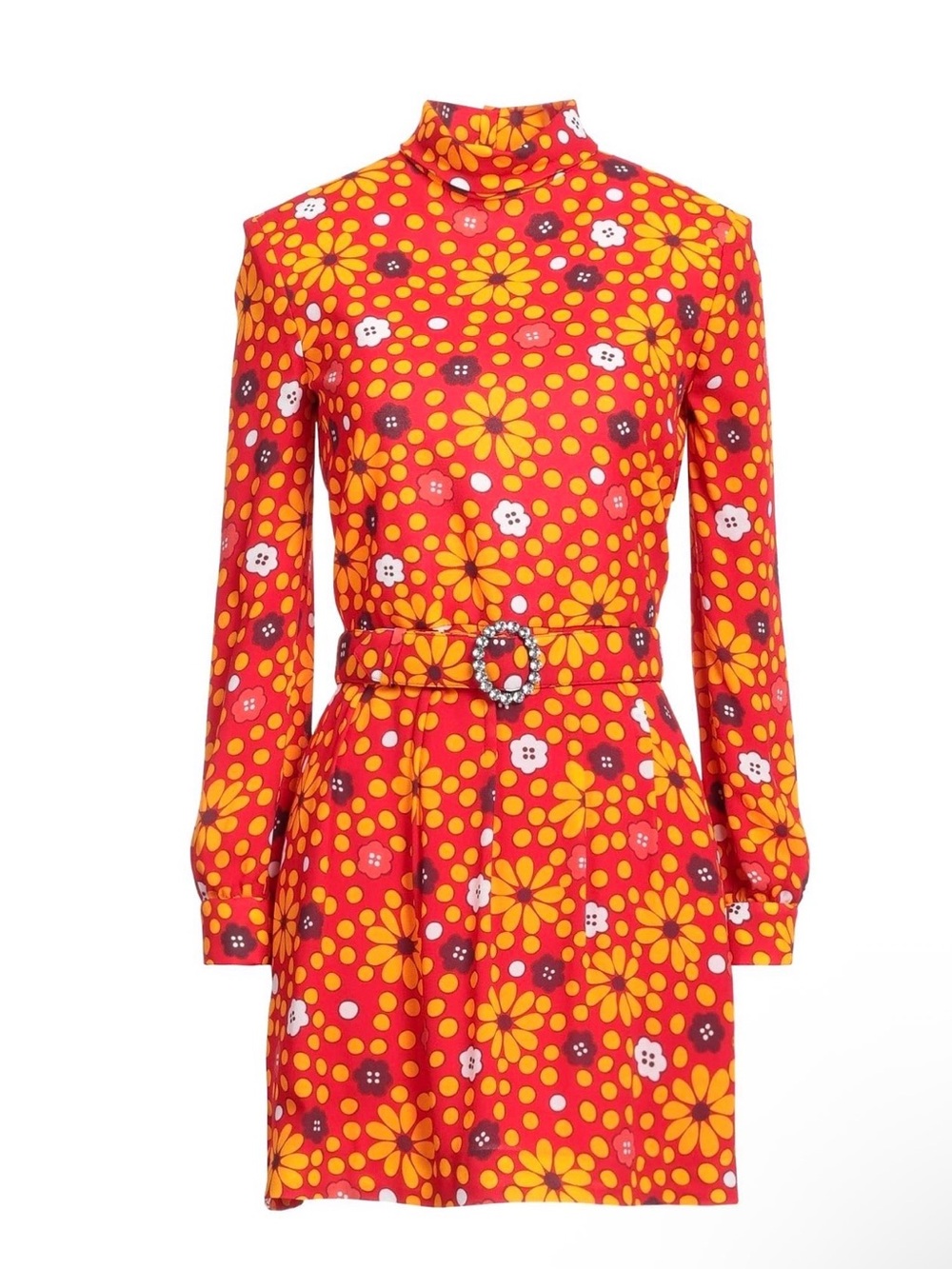 Saint Laurent Red and Yellow Floral Turtleneck Belted Mini Dress